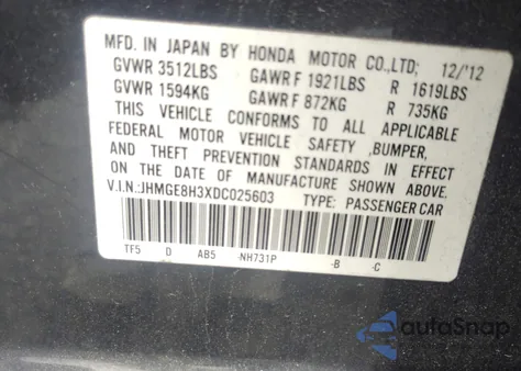 2013 Honda Fit from USA, damaged, VIN JHMGE8H3XDC025603